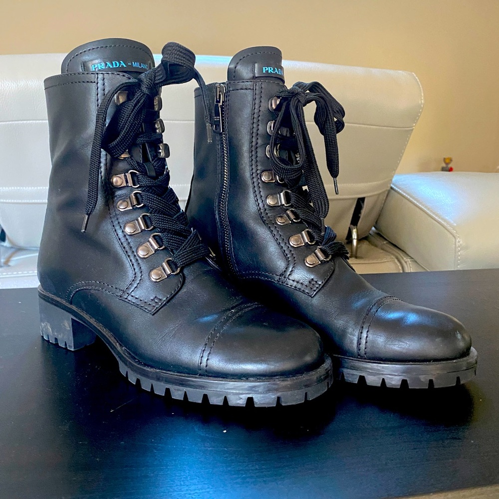Prada black leather combat boots